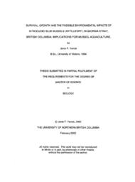 Survival, growth and the possible environmental impacts of introduced blue mussels (Mytilus spp.) in Georgia Strait, British Columbia: Implications for mussel aquaculture.